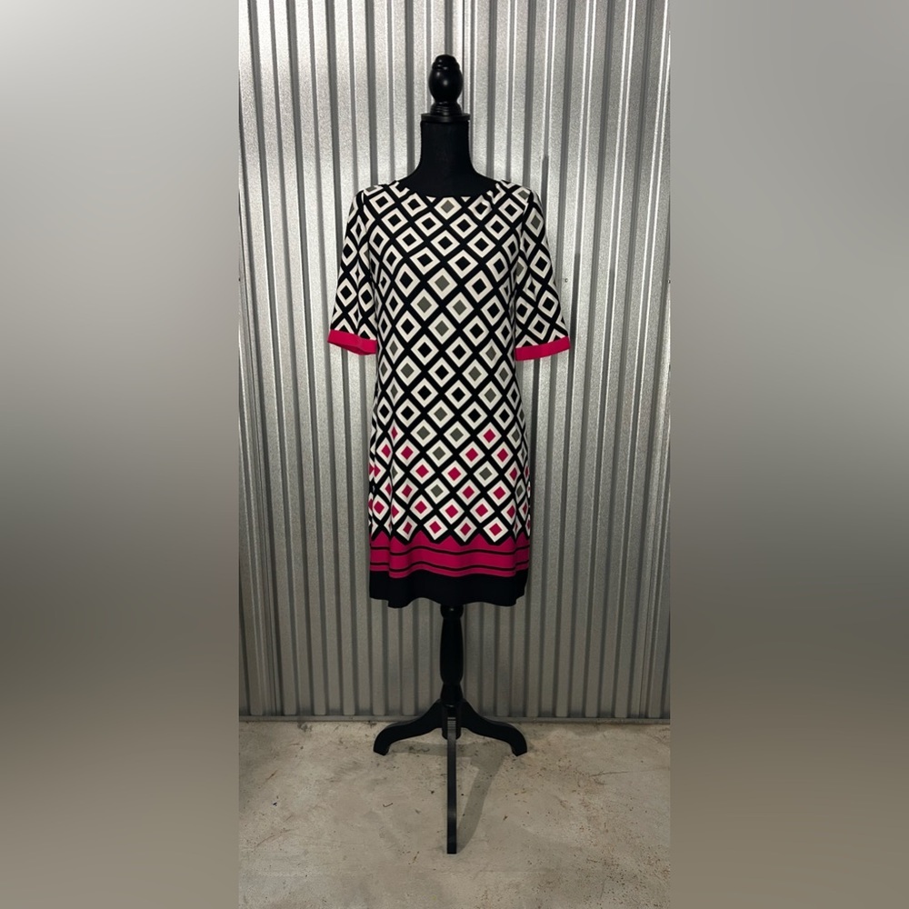 Women’s Eliza J Geometric Black White Pink Poly Blend Long Sleeve Dress Size 8